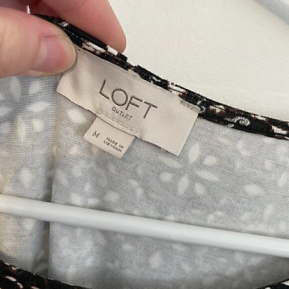 ANN TAYLOR LOFT Outlet Black White Brown Geo Geometric Long Sleeve Shift Dress M - Picture 4 of 11